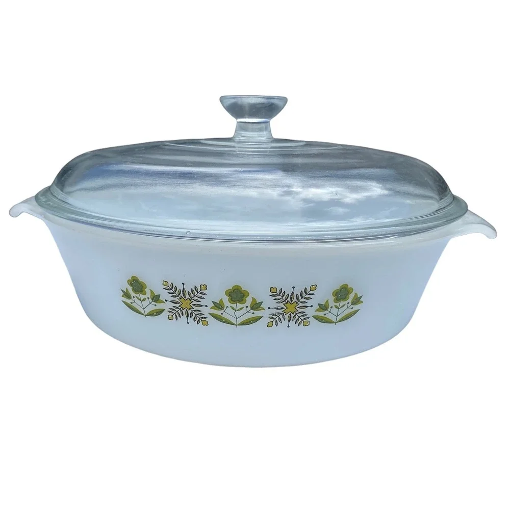 Anchor Hocking Fire King Milk Glass Casserole Dish Set Green Floral MCM Set of 2